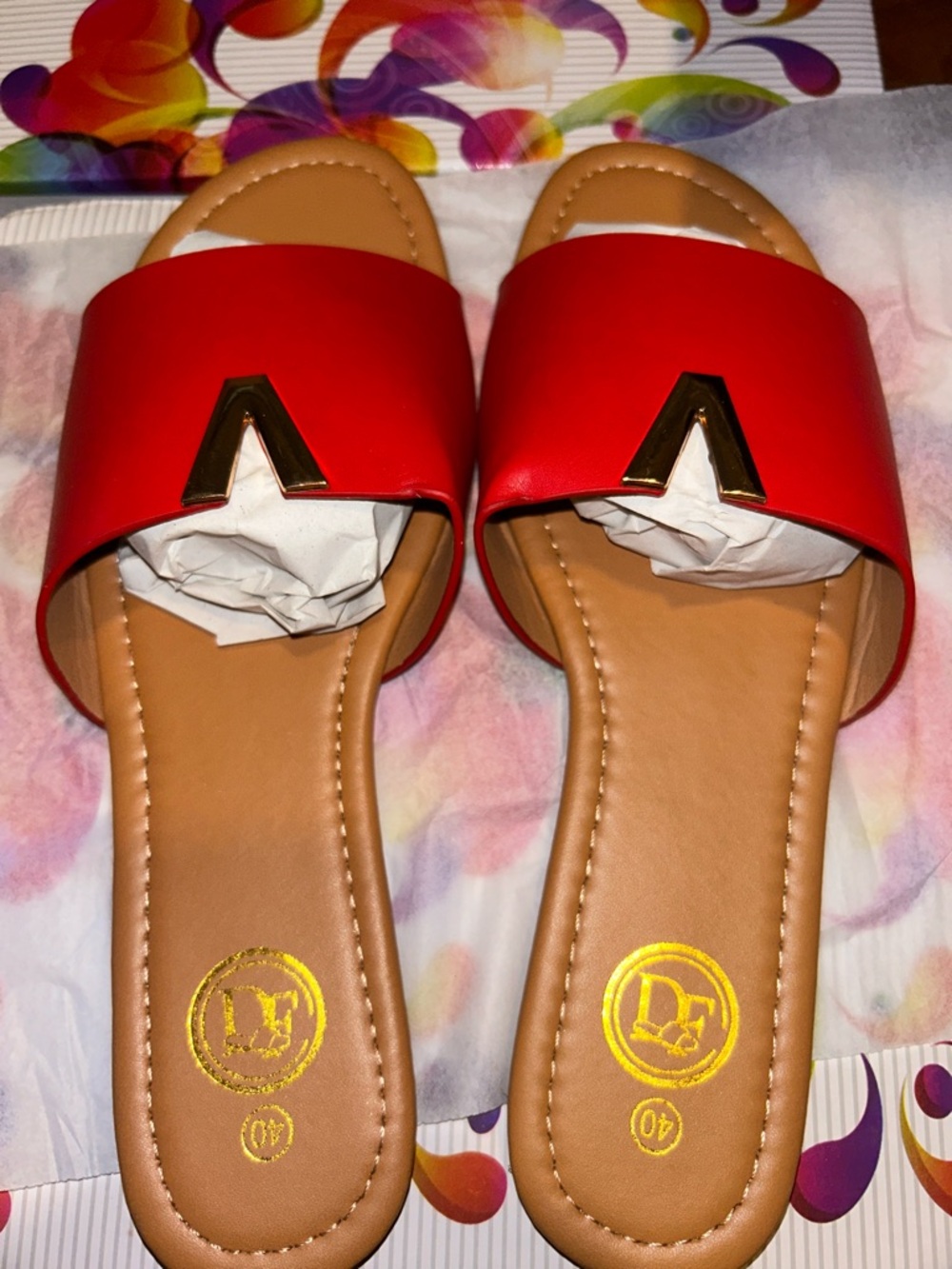 DF Red Slide Sandals with Gold Accent - Women